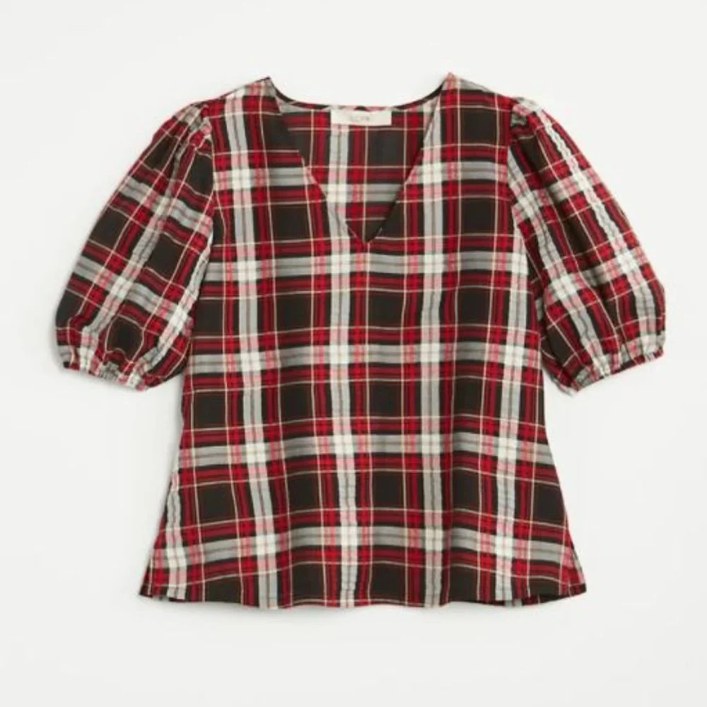 LOFT Women's NWT Petite Plaid‎ Puff Sleeve Top